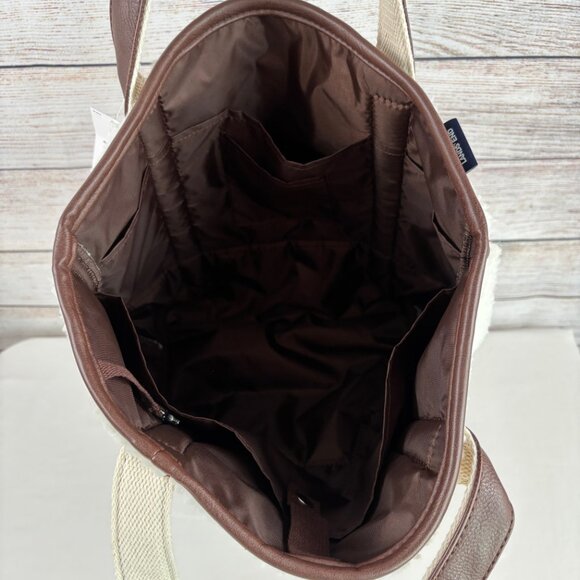 Lands End Sherpa Tote Bag Faux Leather Accents Cream Brown - Picture 6 of 15